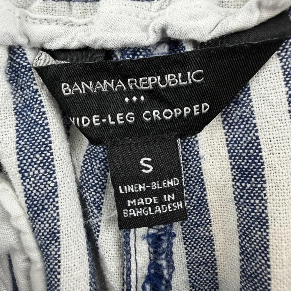 Banana Republic Wide Leg Cropped Pants Womens S Blue Stripe Linen Blend Pull On
